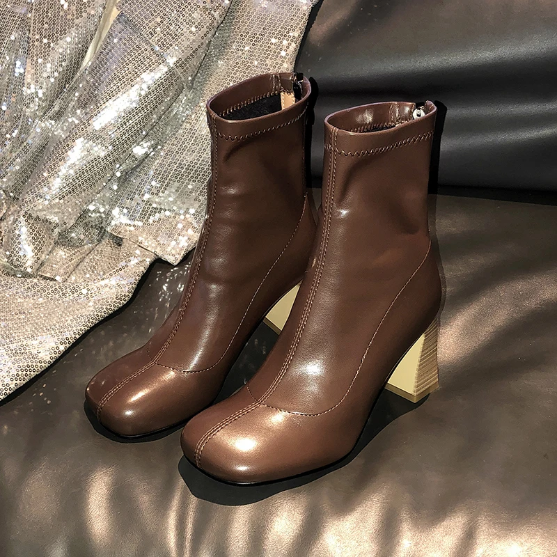 

HOT Women ankle boots Microfiber plus size 22-26.5cm length online celebrity shoes woman thin high heel Splicing Skinny boots