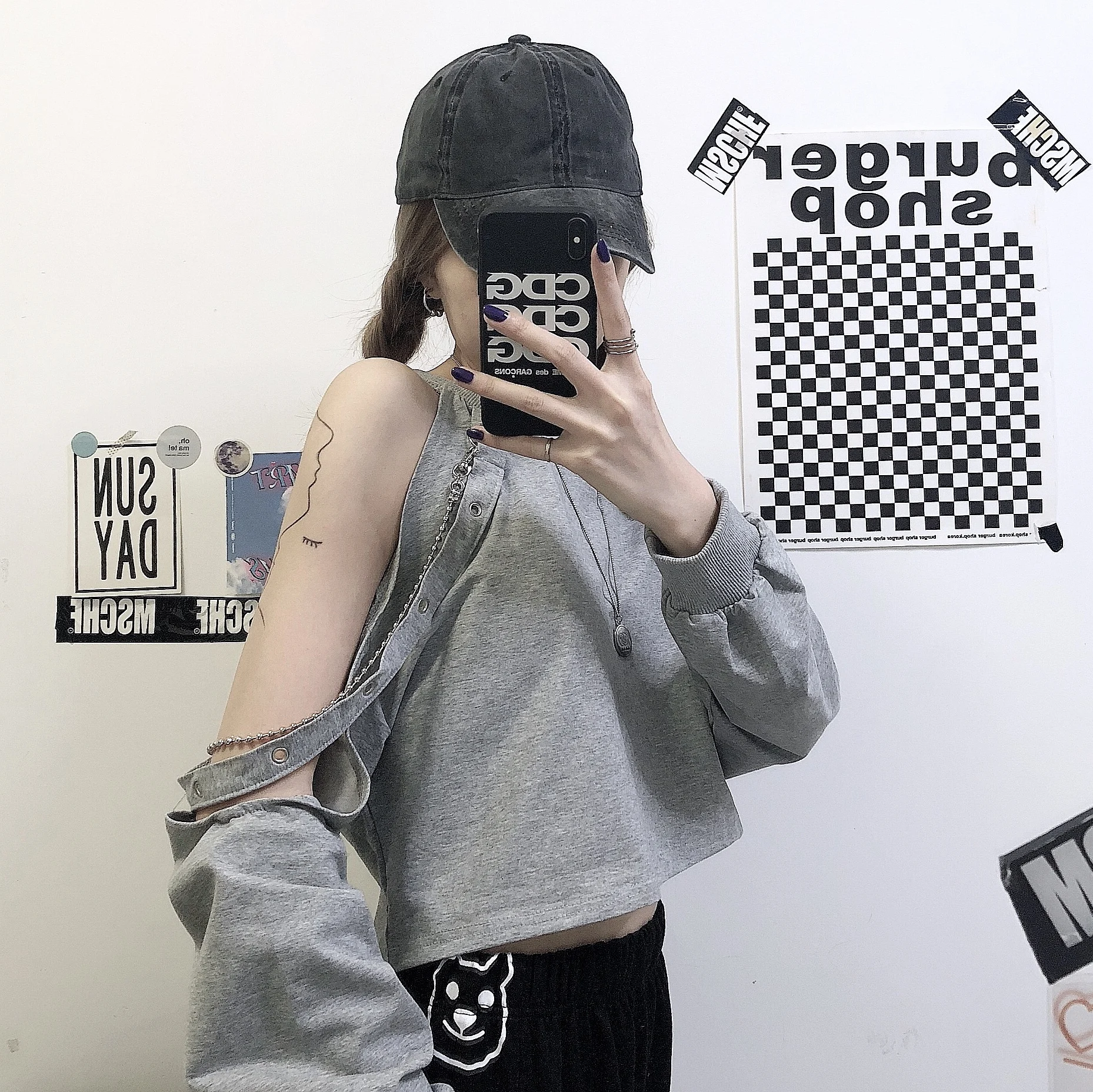 

Off Shoulder Crop Top Loose Women's Clothing Tees Hollow Out Streetwear Korean Style T Shirts Ladies Hipster Autumn Style New