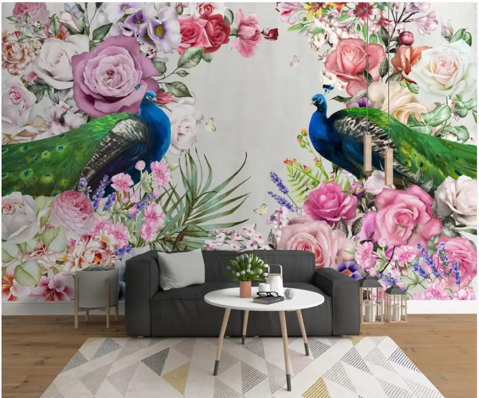 

3d wallpaper custom mural photo Modern art hand drawn peacock flowers room home decor 3d wall murals wall paper for walls 3 d