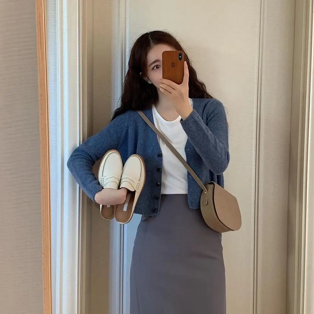 

New Women's Sweaters suit Autumn Winter Casual solid V Neck Cardigans sweater Single Breasted Loose Cardigan pencil skirt suits