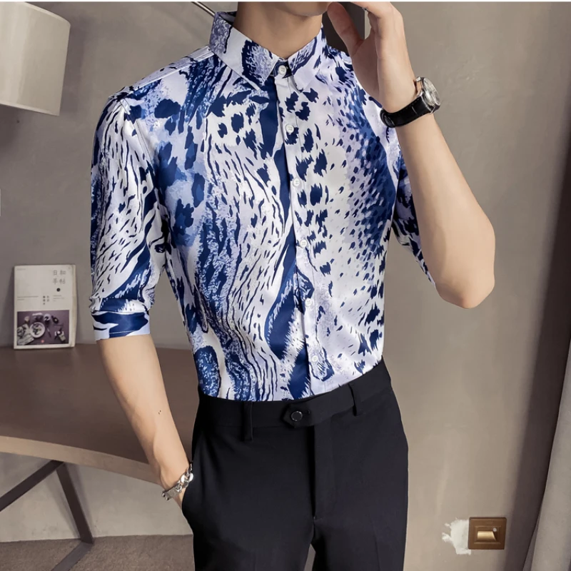 

Fashion Leopard Print Shirts Men Summer Short Sleeve Casual Shirt Social Party Nightclub Shirts Slim Streetwear Casual Clothes