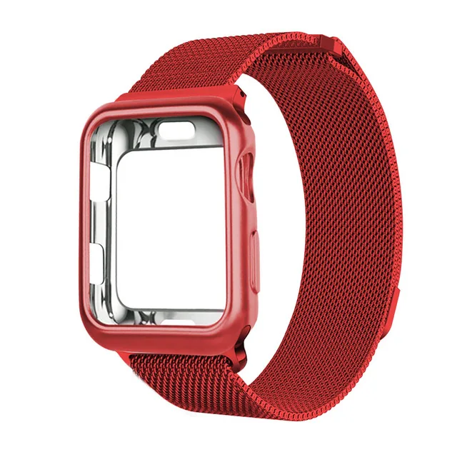 red Чехол+ ремешок для часов Apple Watch 42 мм 38 мм Миланская петля браслет из нержавеющей стали для Apple Watch 40 мм 44 мм серия 5 4 3 2 - Цвет ремешка: red