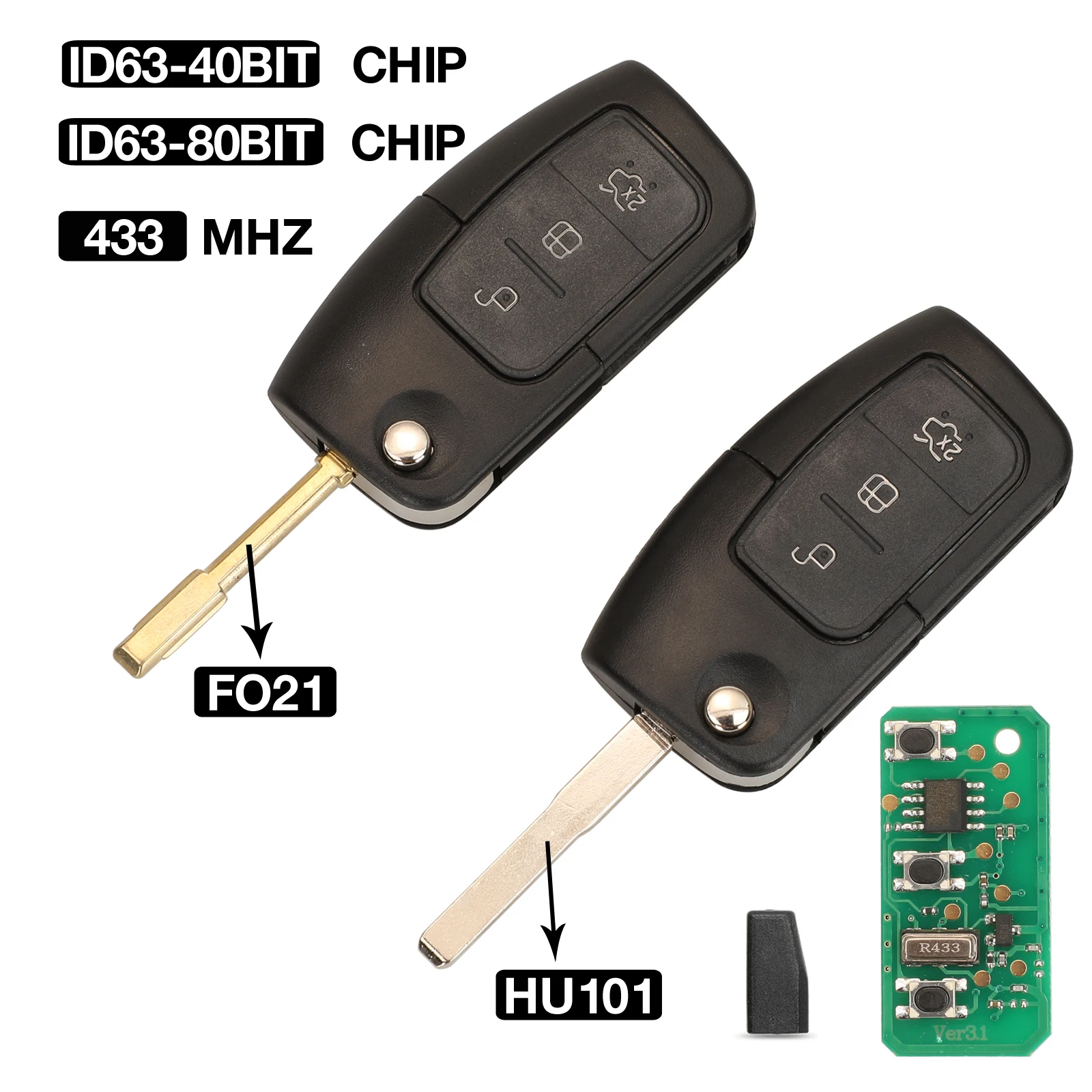 

jingyuqin 3 Buttons Keyless Entry ASK 433MHz Remote Car Key Fob For Ford Focus Mondeo C Max S Max Galaxy Fiesta HU101/FO21 Blade