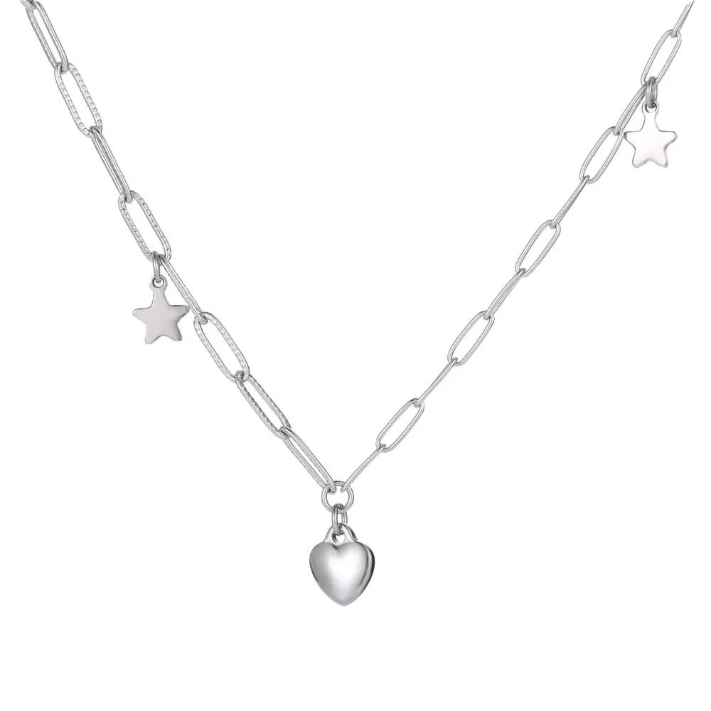 

JHJT Stainless Steel Chain Heart Star Pendant Necklace for Men Women Link Chain Punk Choker Fashion Male Jewelry Gift