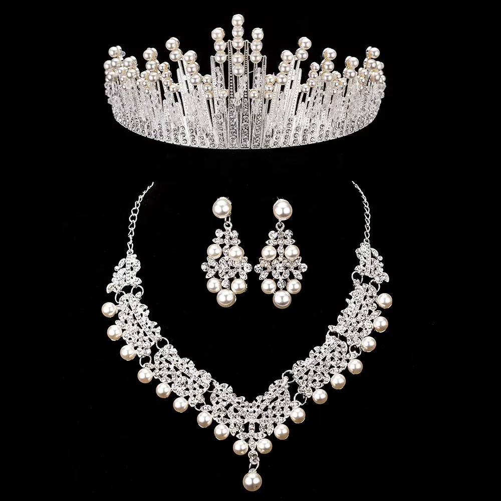 

3PCS Magnificent Pearl Wedding Bridal Jewelry Sets Women Bride Party Costume Crystal Tiaras Crown Necklace Earrings Sets