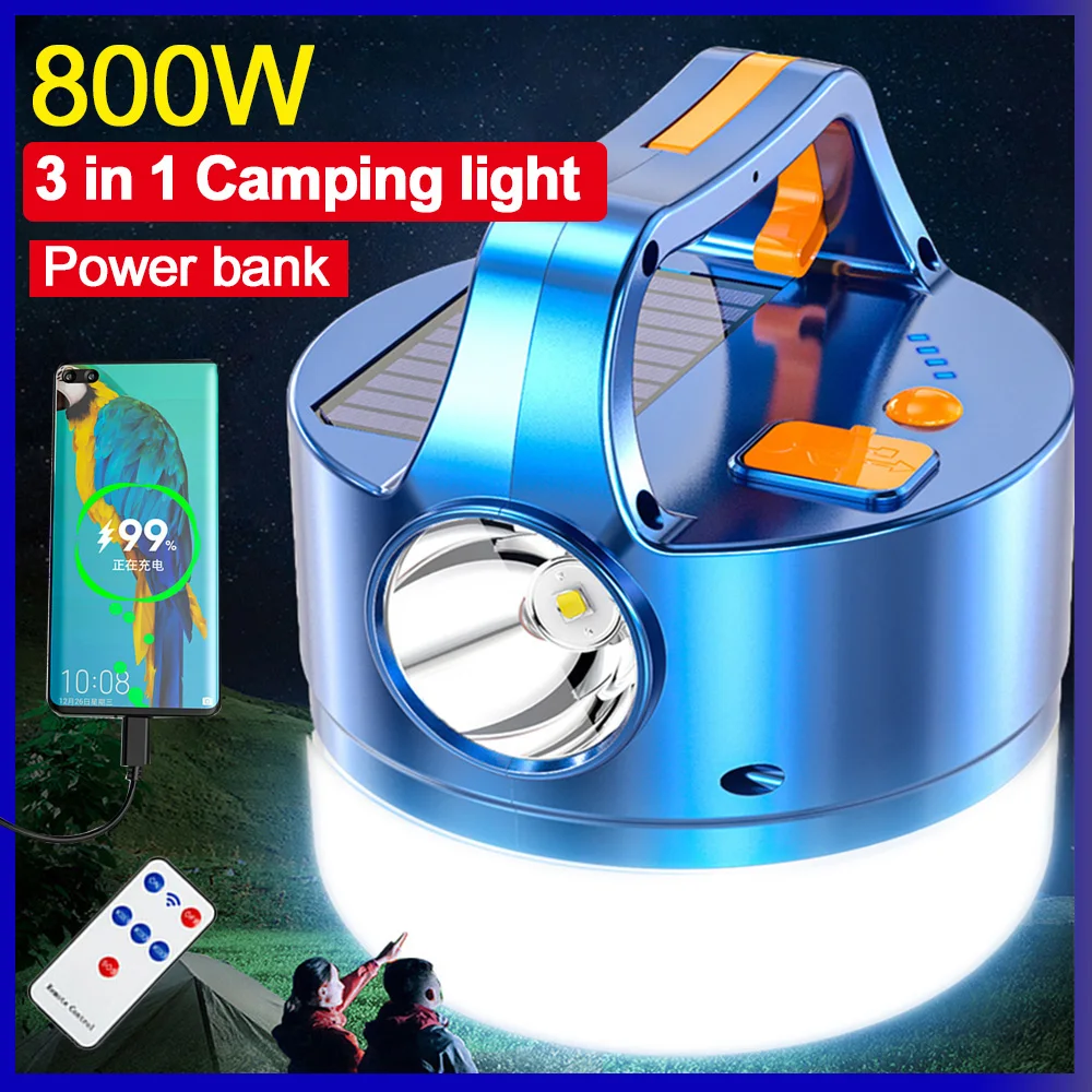 Luz Solar portátil de 800 vatios para acampar, linterna recargable por USB, lámpara de tienda, linternas de campamento, luces de emergencia para exteriores