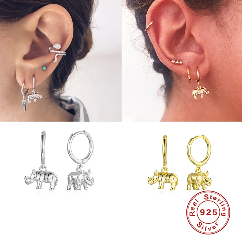 

Boako 925 Sterling Silver Rhinoceros Pendant Hoops Earrings For Woman Girls lovers' Valentine's Day Pendiente Fine Jewelry