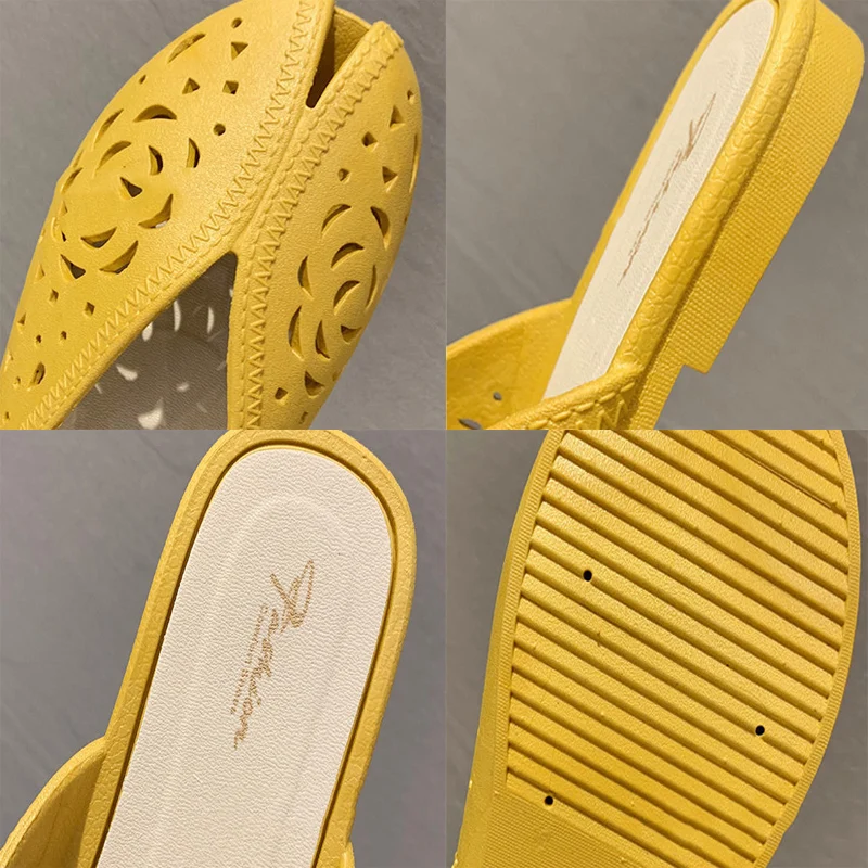 

Fashion Light Non-Slip Soft Fabric Sweat Wearable Slides Plus Size Retro Purple PU Leather Hollow Out Flat With Shallow Slippers