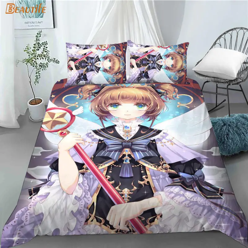 Funda de edred&oacute;n personalizada Sakura Cardcaptor Anime 1, 2 fundas de almohada, juego de ropa de cama de tela de poli&eacute;ster, conjunto de edred&oacute;n para Familia y Chico-3