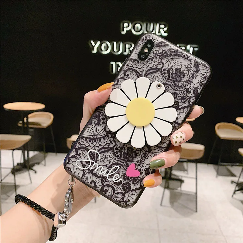 Lace Flower Makeup Mirror Phone Case For Samsung Galaxy S8 S9 S10 Lite S7 S6 Edge Plus C5 C7 C9 Note 8 9 With Lanyard Back Cover