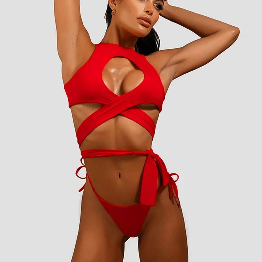 Pure Color Bandage Criss Backless Cross Push up Bikini Hollow Out High Cut Thong Swimsuits Halter Beach Plus size Bathing Suit | Женская