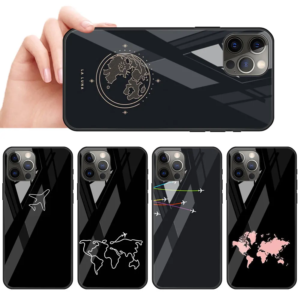 

World Map Travel Just Go Glass Cell Phone Case For iPhone 11 12 Mini 13 Pro Max 7 8 Plus X XR XS 6 6s SE 2020 Cover Coque
