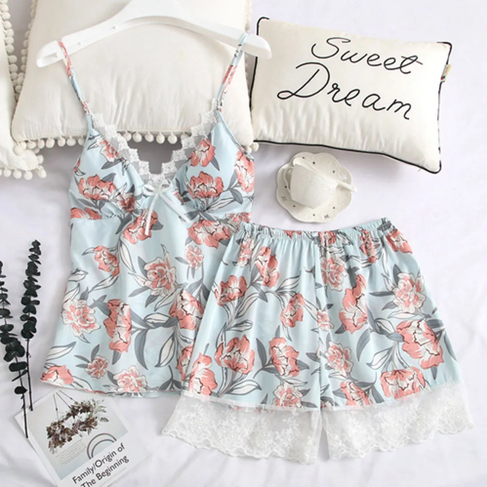 

New Fashion 2pcs Women Sexy Satin Elegant Soft Lace Flowers Printing Sleepwear Babydoll Nightdress Pajamas Summer Set