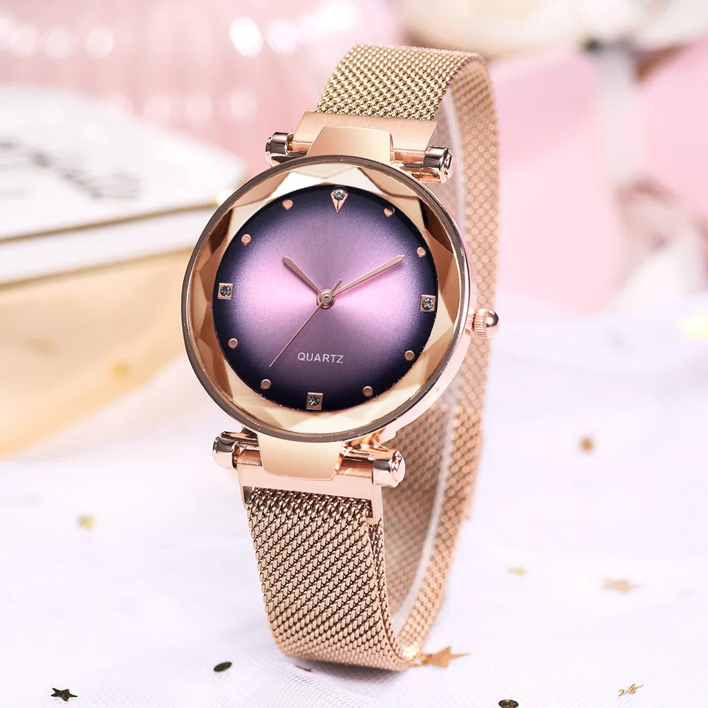 

New fashion casual luxury ladies geometric surface quartz watch ladies mesh magnet clasp starry sky watch Relogio Feminino