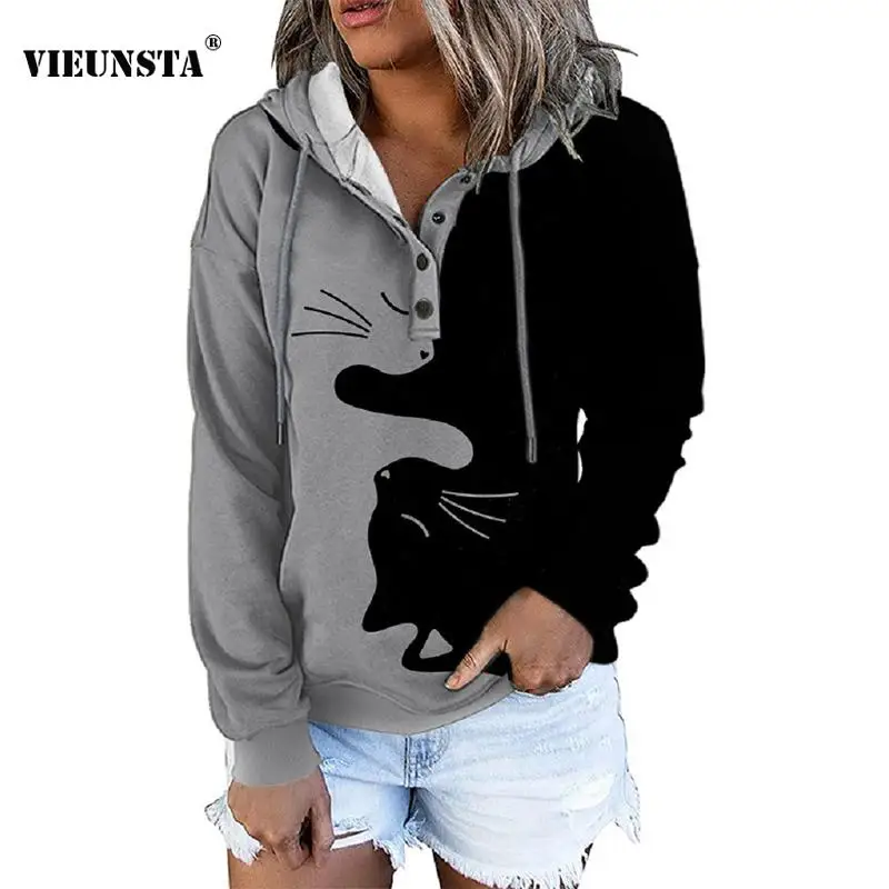 

Vintage Cute Cat Print Patchwork Hoodies Women Autumn Buttoned Hooded Tops Pullover Winter Loose Drawstring Hoodie Sweatshirts
