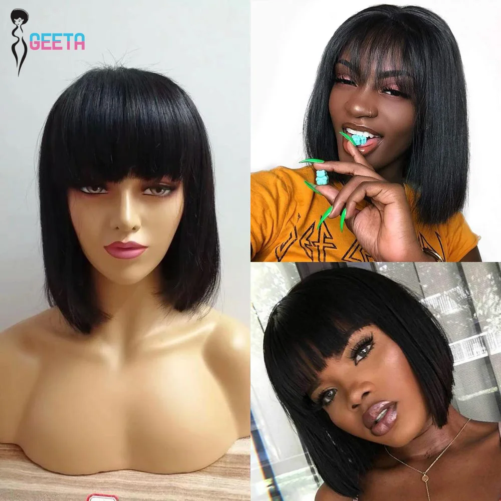 

Short Bob Wig With Bangs 16 Inches Straight Bob Human Hair Wigs With Bangs Full Machine Made Wig Bang Bob Hair Wig