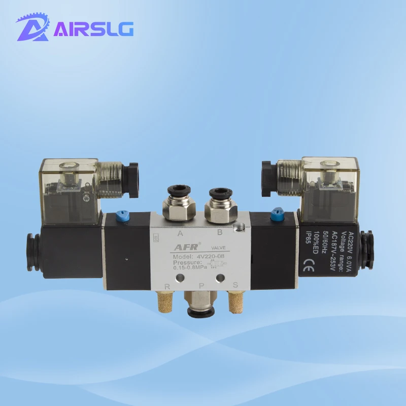 

4V220-08 Air Pneumatic Solenoid Valve 5 way 2 Position 1/4" Aluminum Alloy Internal E DC12V,DC24V or AC110V AC220V