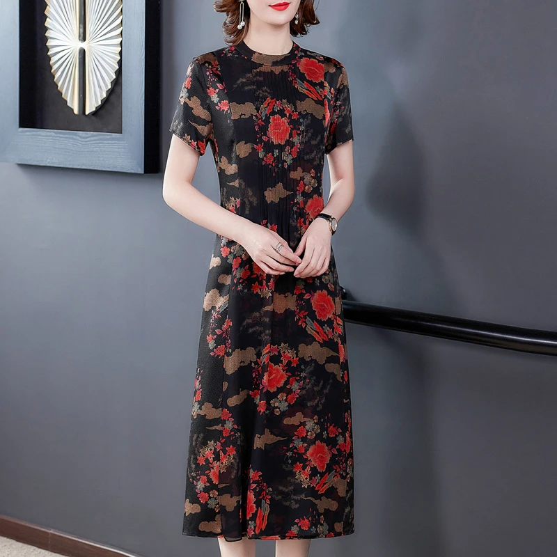 

Chinese style dress for women long 2020 summer new Short-sleeved dress ladies improved cheongsam dress imitation silk elegance