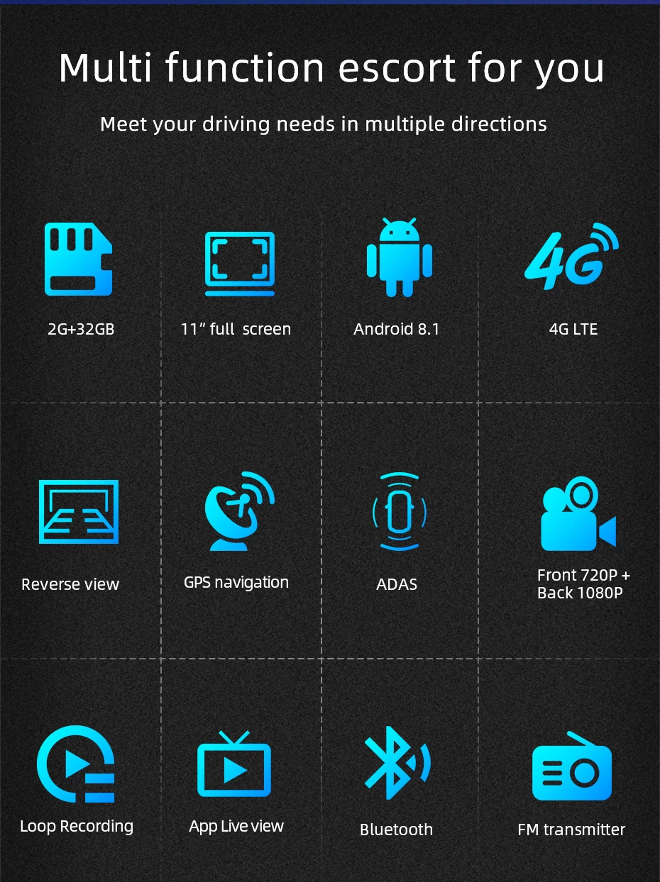 Автомобильный видеорегистратор Bluavido 11 дюймов 4G ADAS Android GPS-навигатор приборная