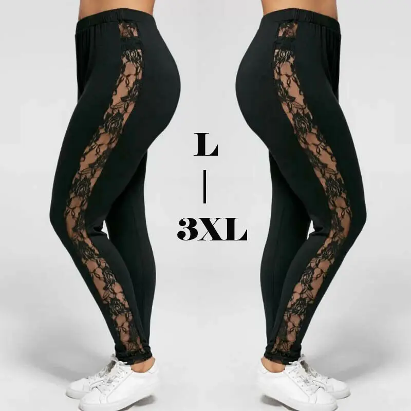 Womens Leggings Floral Lace Side Panel Cut Out Black Leggings Slim Stretch Trousers Plus Size UK10-18