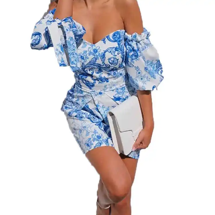 

Off Shoulder Blue Printed Sexy Dress For Women Puff Sleeve Bodycon Dresses Elastic Ruffles Backless Mini Vestidos