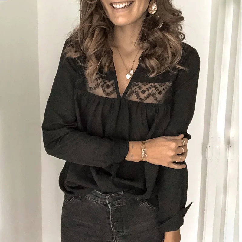 YELITE женская рубашка с длинным рукавом и v образным вырезом сзади кружевная