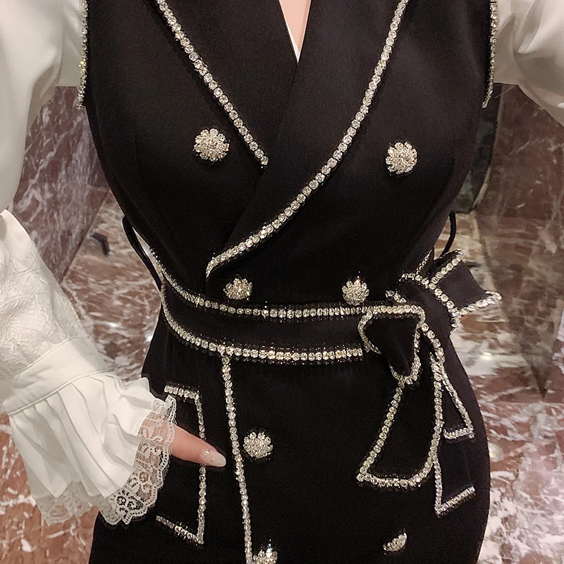 Fashion Autumn Celebrity Lady's Water Drilled Diamond Double-breasted Suit Dress Slim Shiny Women Blazer Dress