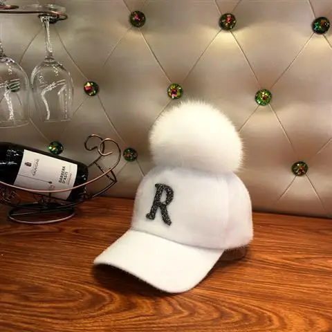

Fashion Faux fur ball baseball cap winter seahorse hair Warm Cap For Women Rhinestone Diamond Letter Visor Hats ponytail hat