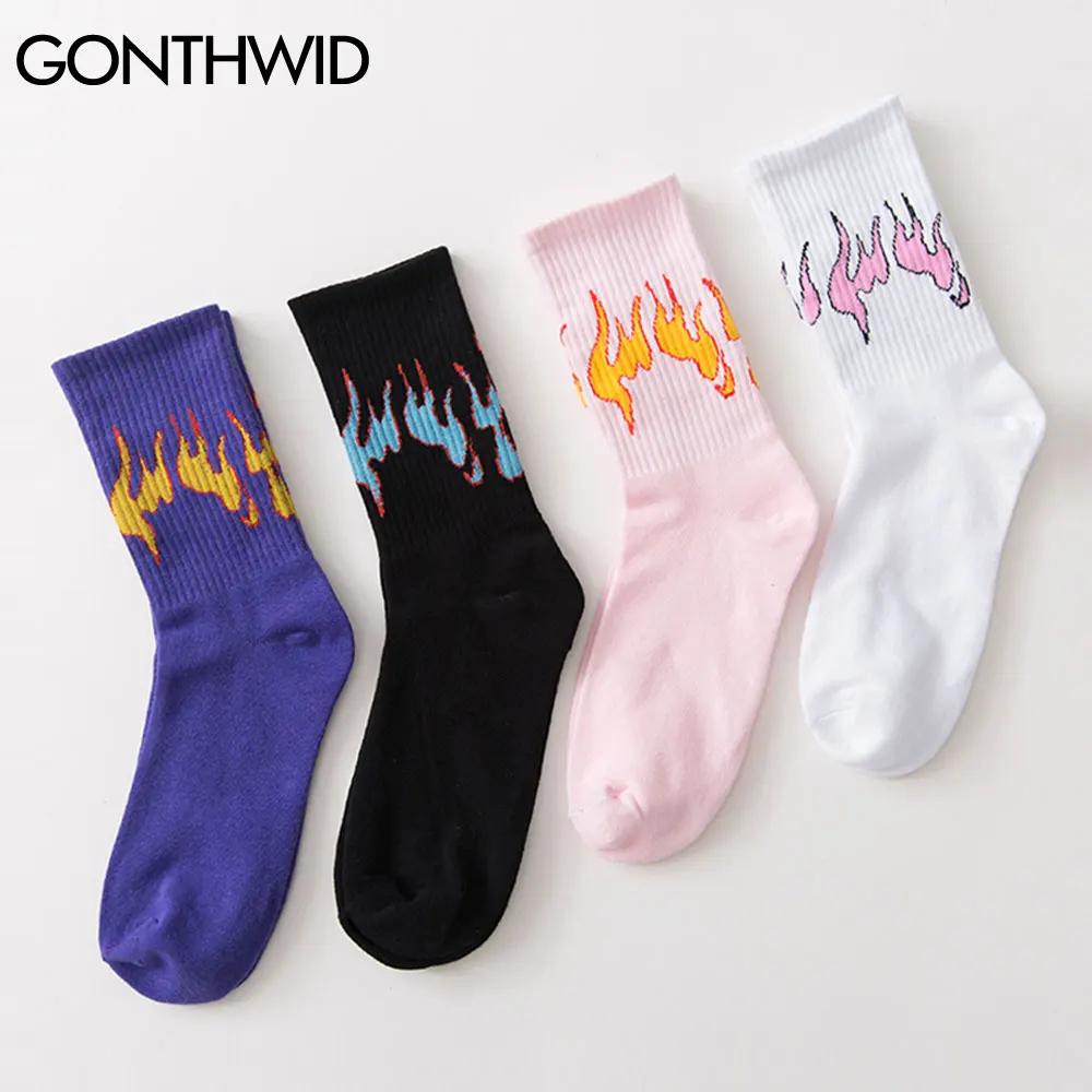 GONTHWID-Calcetines de algodón con estampado de llamas de fuego para hombre y mujer, calcetín informal estilo Hip Hop, Harajuku, Skateboards, disponible en negro, azul, blanco y rosa