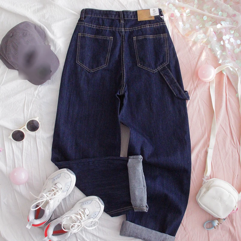 Женские джинсовые брюки в стиле Харадзюку повседневные с высокой талией для