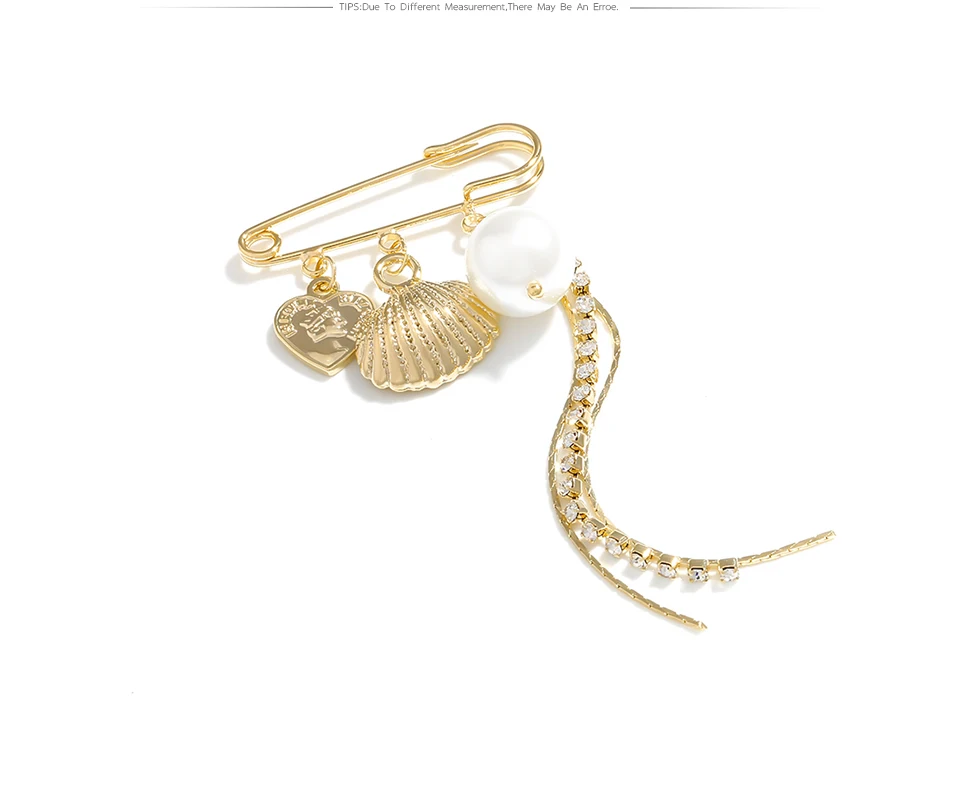 Yhpup Trendy Copper Charm Metal Shell Tassel Brooches Imitation Pearls Round Portrait Zirconia Exquisite Brooch Pins for Women