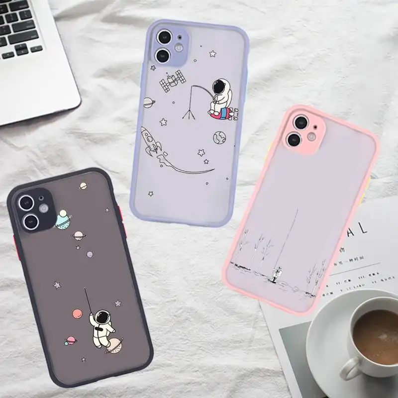 

Cute Cartoon Astronaut Star Space Phone Case For iPhone 12 11 Mini Pro XR XS Max 7 8 Plus X Matte transparent Gray Back Cover