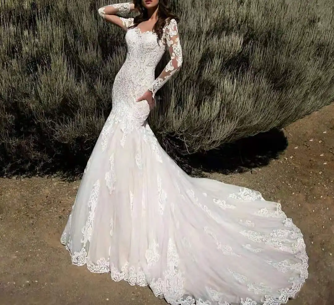 

Elegant Long Sleeve Mermaid Lace Wedding Dresses Floor Length See Through Tulle Abendkleider Maxi Bridal Gowns for Women