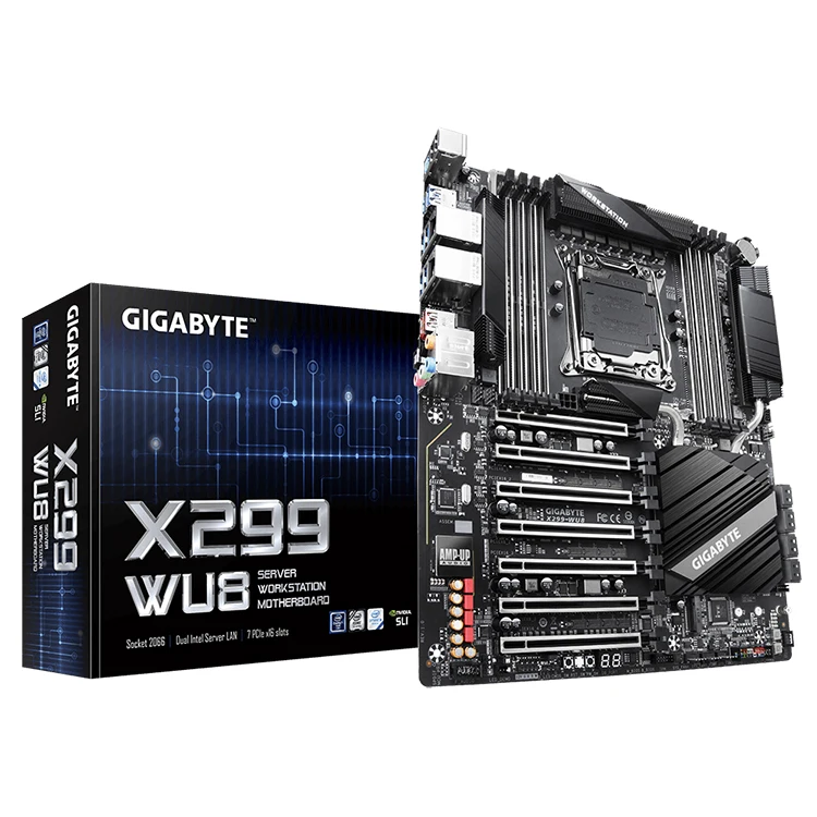 

GIGABYTE X299-WU8 with X299 Chipset Support 4-way NVIDIA SLI or AMD CrossFireX GPU Configurations LGA 2066 Server Motherboard