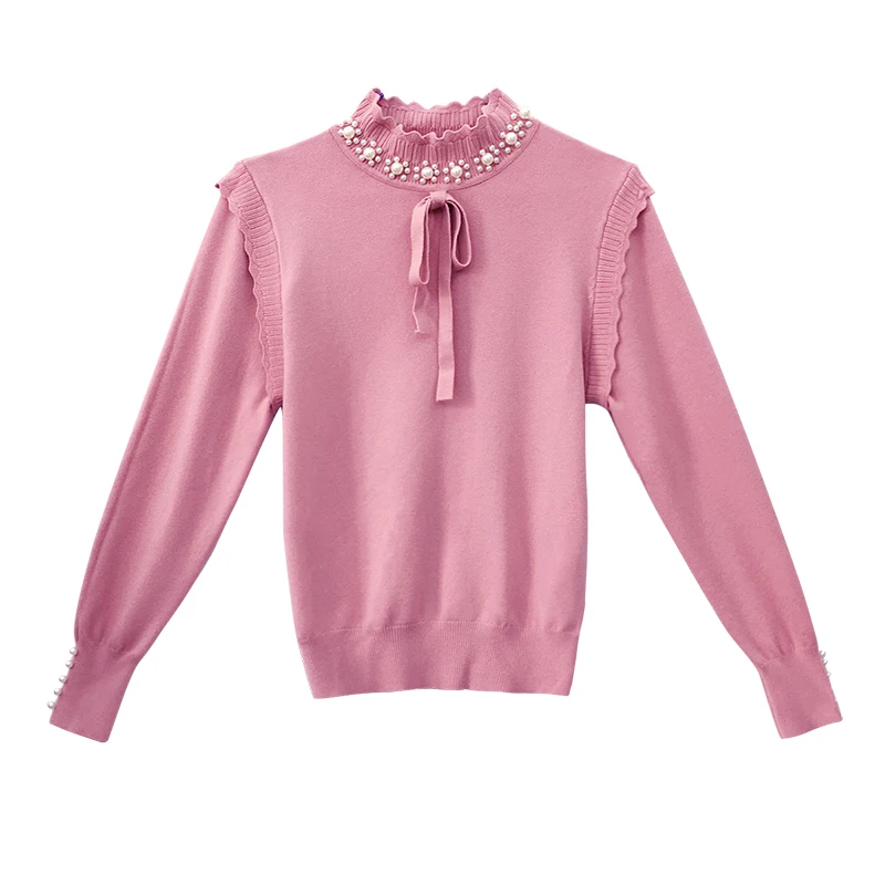 

women's design sense temperament bottoming shirt 2020 new autumn / winter pin bead bow Pullover half high neck sweater