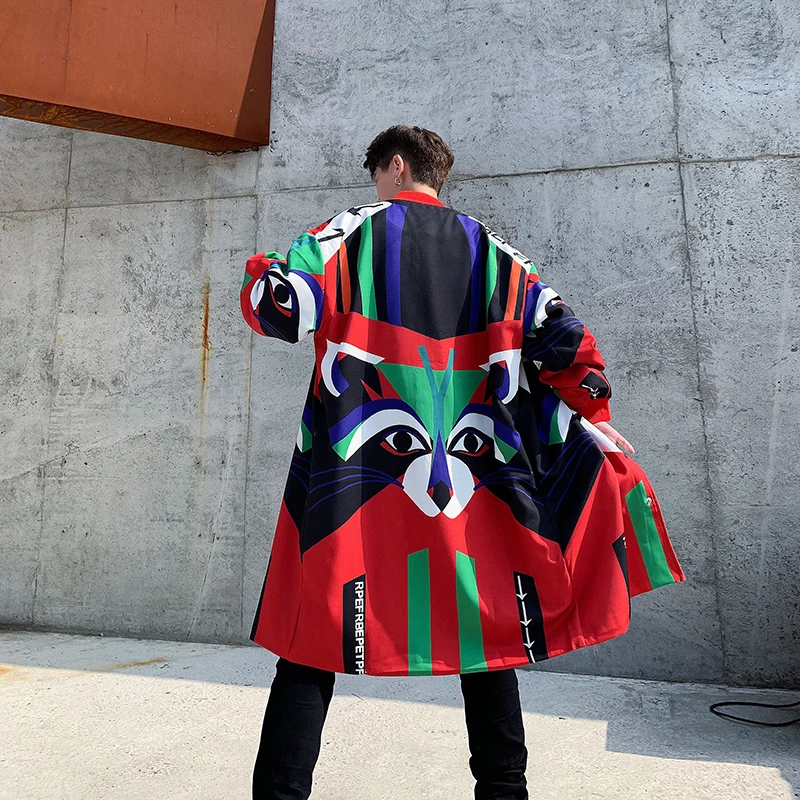 

M-XXL!Trendy hip-hop hip-hop personality doodle funny cartoon long windbreaker male handsome cloak trend coat.