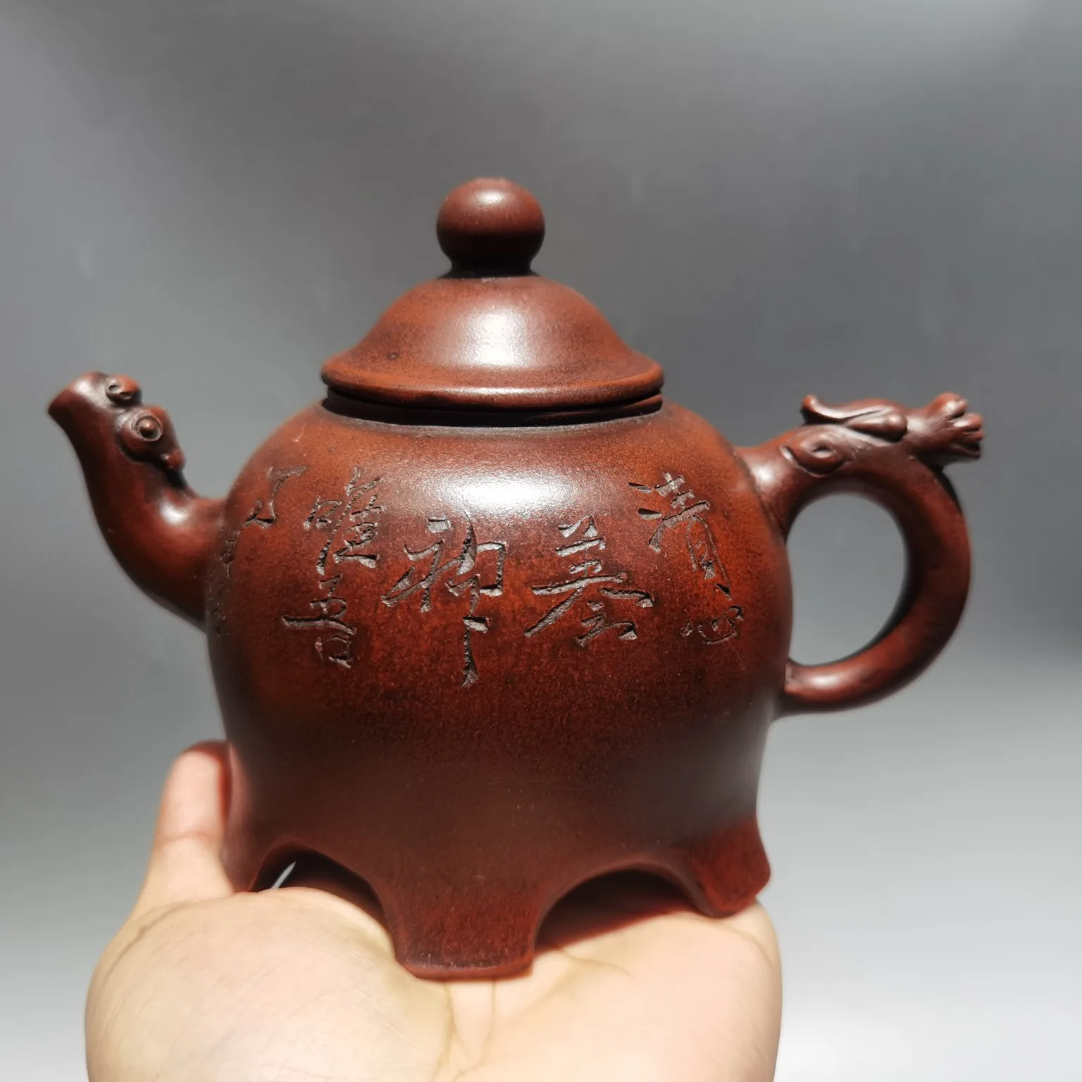 

6"Chinese Yixing Zisha Pottery Hand-Carved Faucet handle pot kettle Red mud Teapot Pot Tea Maker Office Ornaments