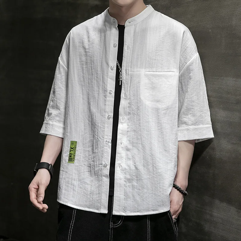 

2021 summer new linen shirt men's quarter sleeve fashion brand loose thin ice inch shirt men's shirt
