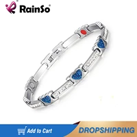 rainso romantic heart crystal stainless steel bracelets for women magnetic germanium balance bracelet femal blue hand chain