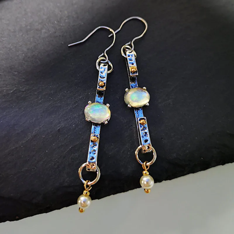

Vintage Pendientes Extra Long Opal Pearl Drop Earrings For Women Ethnic Handmade Thin Link Dangle Earrings 50D400