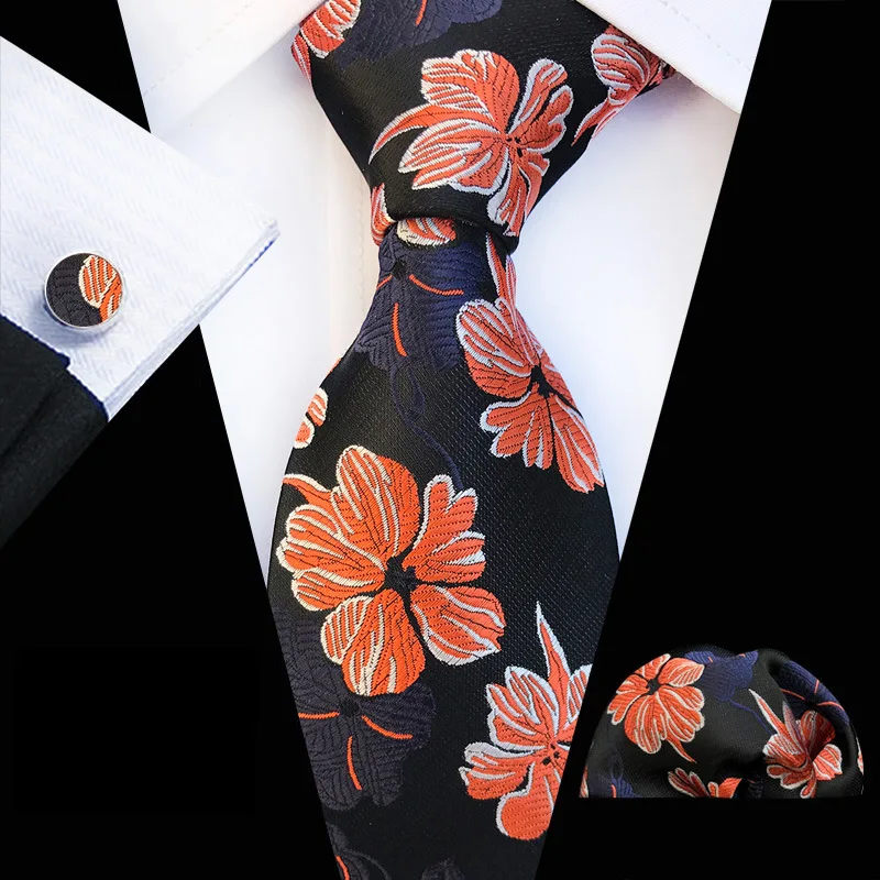 

Blue Floral Ties for Men Fashion Men's Stropdas Pocket Square Cufflinks Three Suits