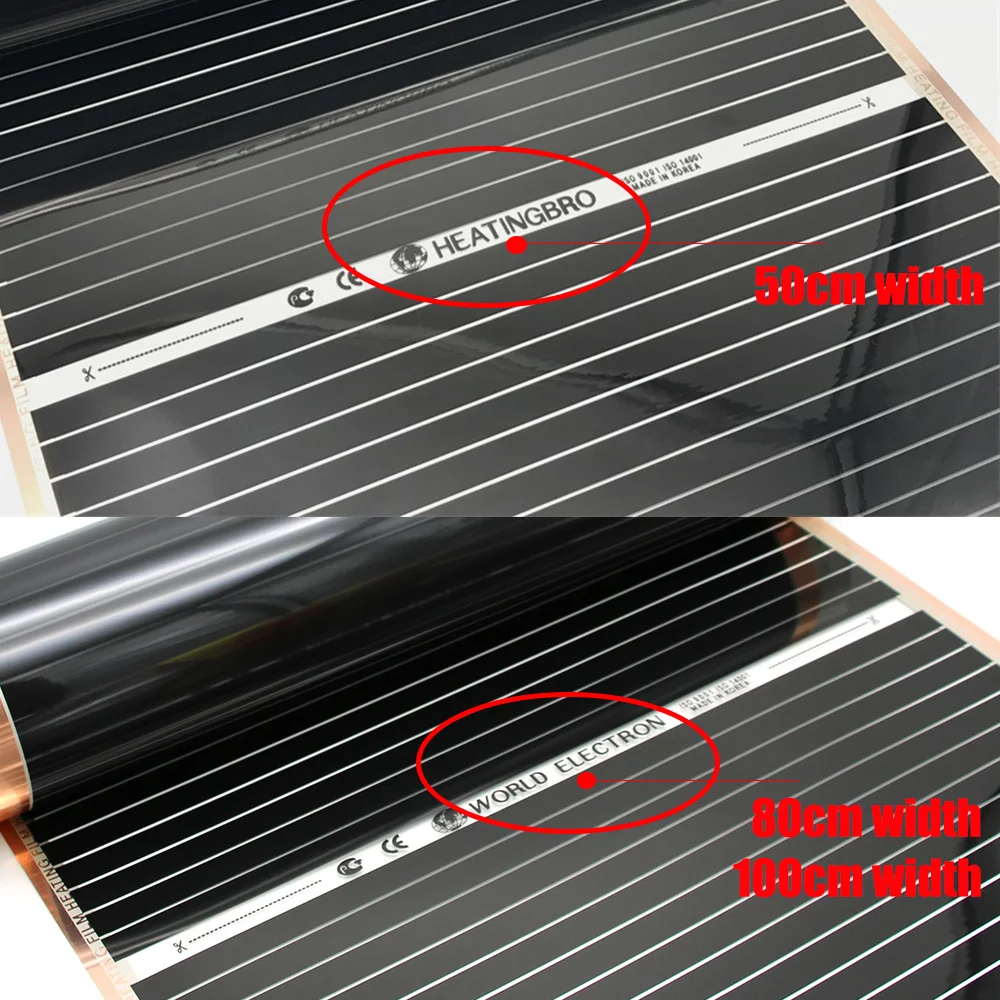 Minco Heat 5M2 220 Вт низкая стоимость инфракрасный теплый пол углеродное волокно нагревательная пленка 50 см 80 см 100 см с зажимами