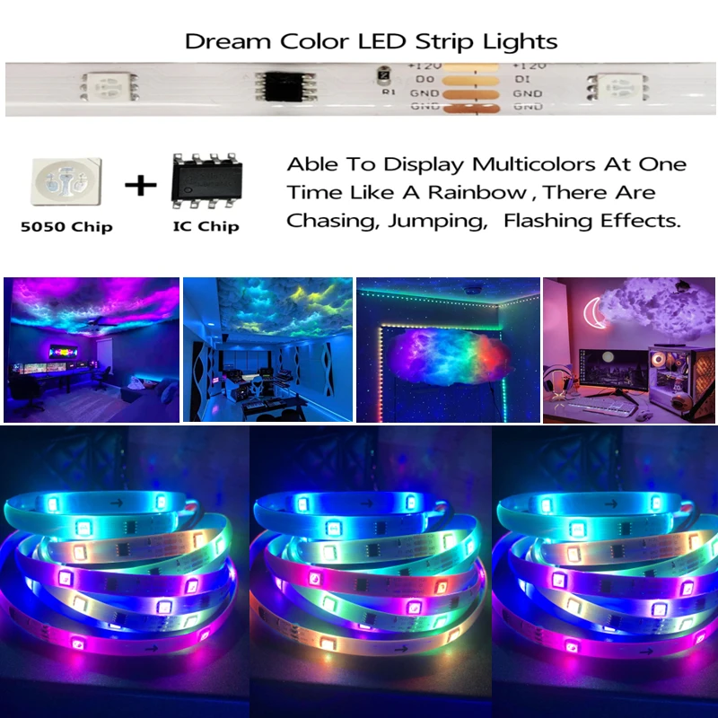 Светодиодная лента RGBIC Dreamcolor 5050 RGB WS2811 водонепроницаемая 15 м 20 30 пульт