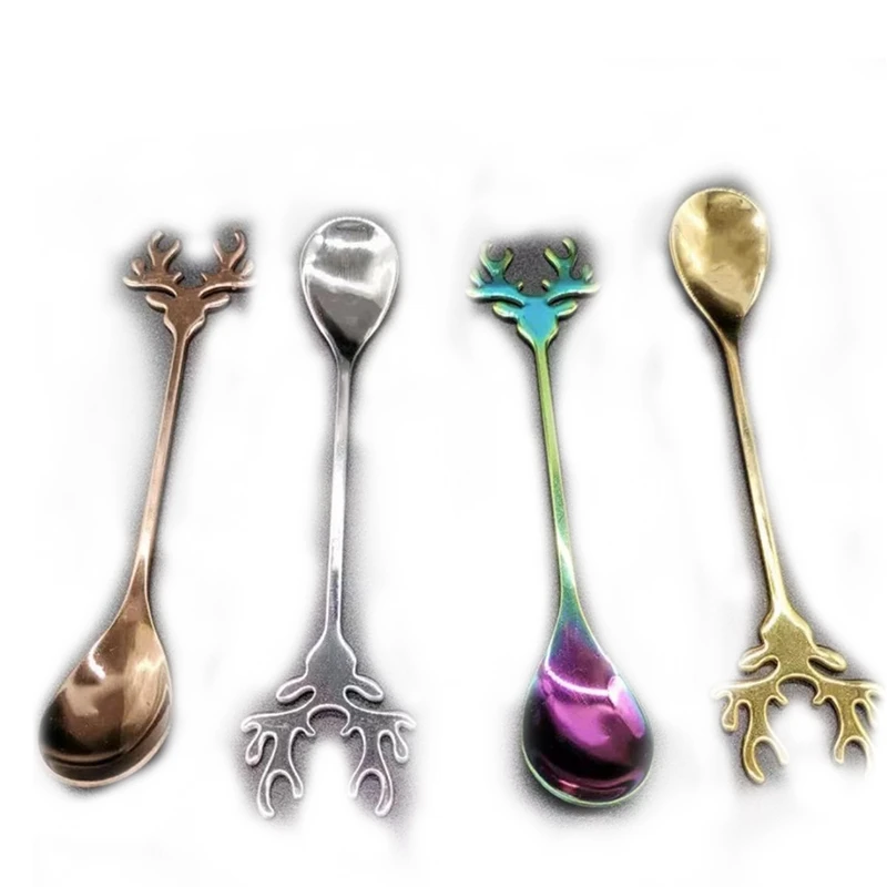 

4Pcs Creative Antlers Shape Stainless Steel Coffee Spoon Dessert Spoon Ice Christmas Antlers Tea Tiny Stirring Spoons