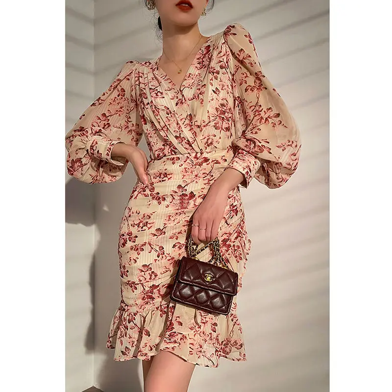 

Women Sexy Deep V Neck Floral Print Long Lantern Sleeve Ruched Dress 2021 Summer Elegant Female Bodycon Party Dress Vestido