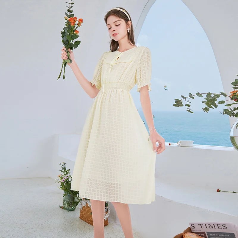 

SHZQ Chiffon Dress Women's 2021 Summer New Style Skirt High Waist Thin Design Beige Plaid Skirt