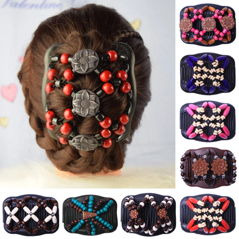 

New Vintage Hair Combs Double Beaded Elastic Hairpin Wood Magic Comb Ladies Hairstyle Headpieces for Woman Hair Pin Accessories