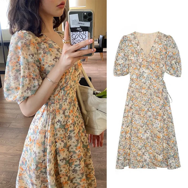 

Женское шифоновое платье с V-образным вырезом, длинная юбка с цветочным принтом, приталенное платье в Корейском стиле, весна-лето 2021