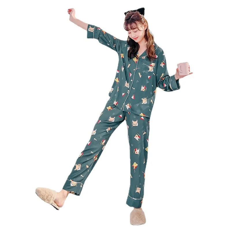 

ChunShang Spring And Summer New Silk Pajamas Women's Long-Sleeved Trousers Suit Korean Casual Loose Home Wear