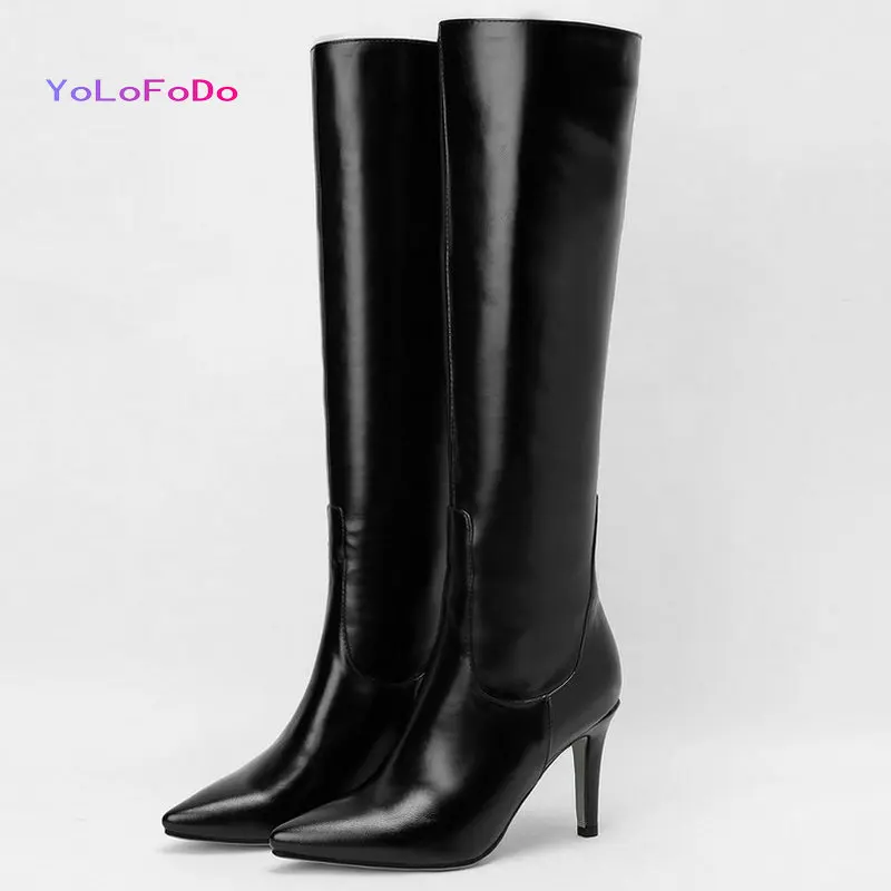 

Black Beige White Brown Women Knee High Boots Faux Leather High Quality Women Thin High Heel Boots Pointed Toe Women's Boots